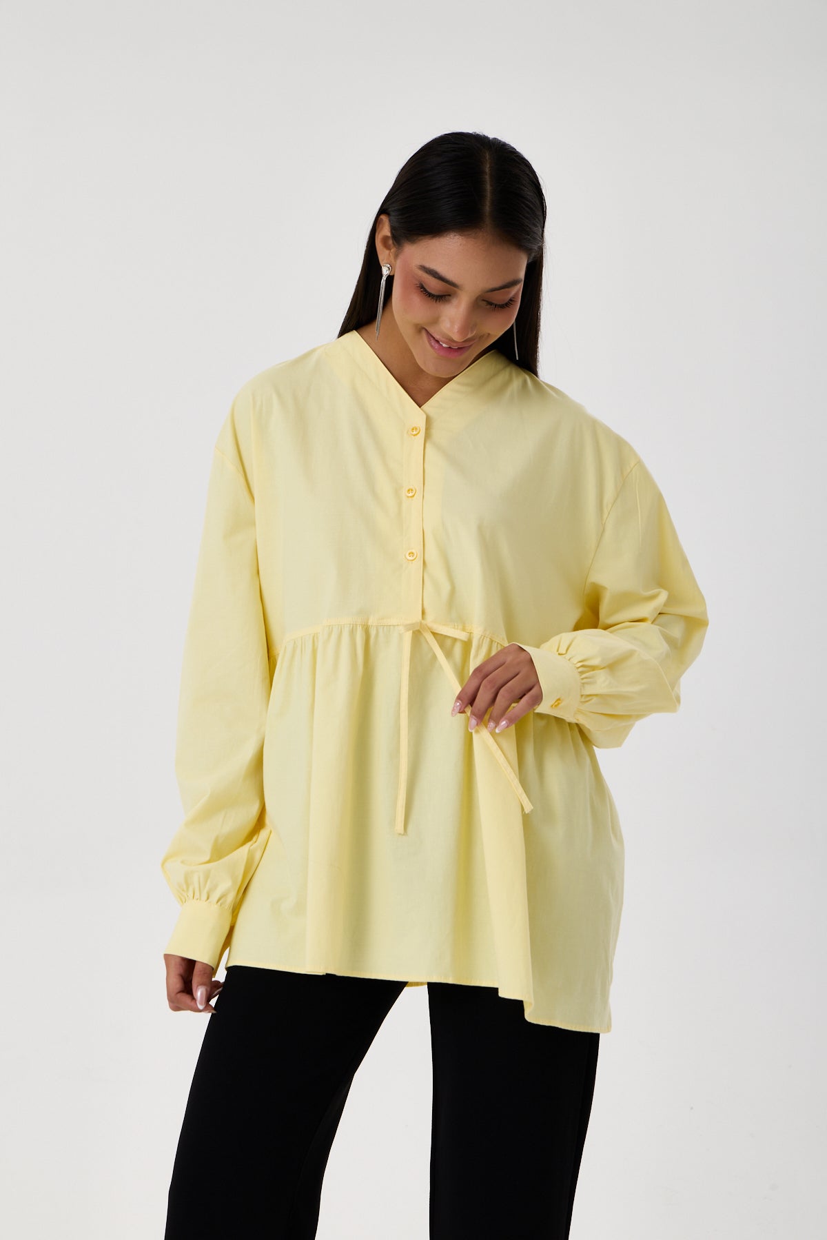 Beli Büzgü Detaylı Oversize Gömlek – Sarı