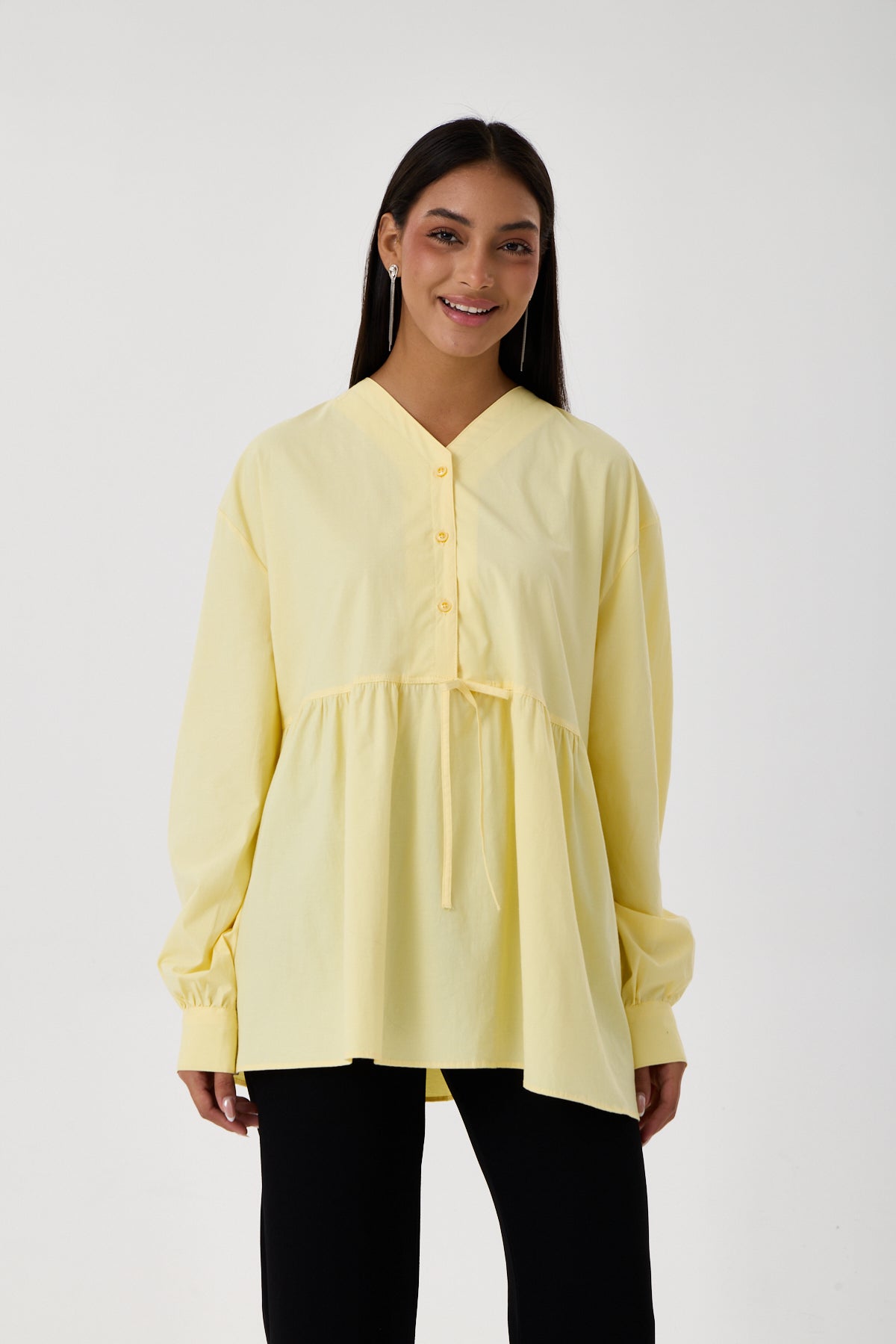 Beli Büzgü Detaylı Oversize Gömlek – Sarı