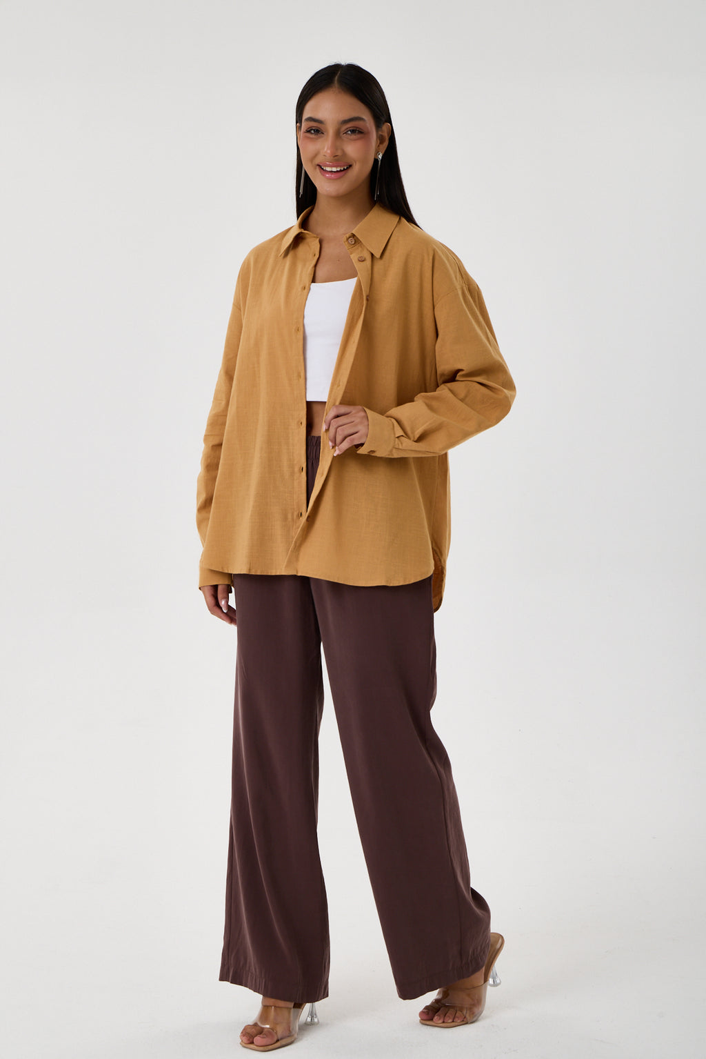 Arka Körük Detaylı Robalı Oversize Keten Gömlek – Camel