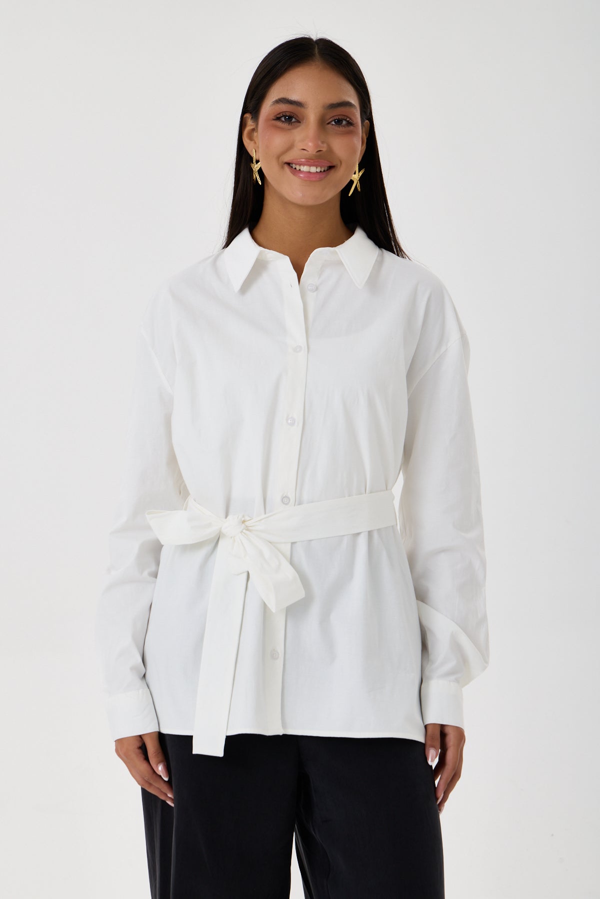 Kemerli Oversize Kimono Gömlek – Beyaz