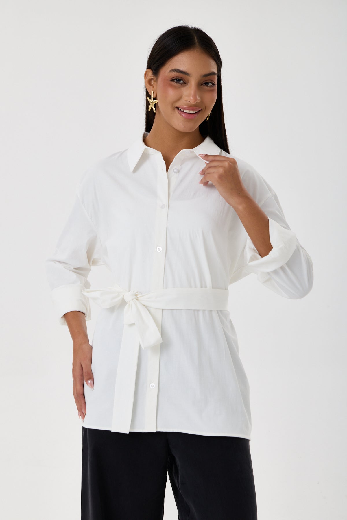 Kemerli Oversize Kimono Gömlek – Beyaz