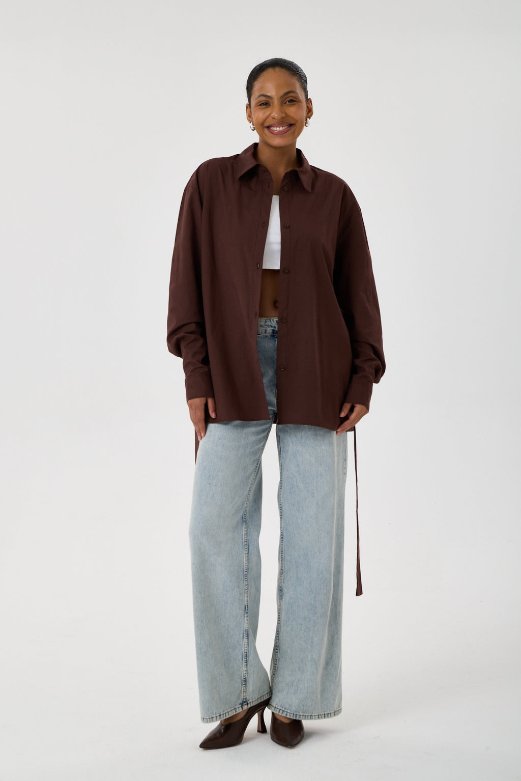 Kemerli Oversize Kimono Gömlek – Kahve