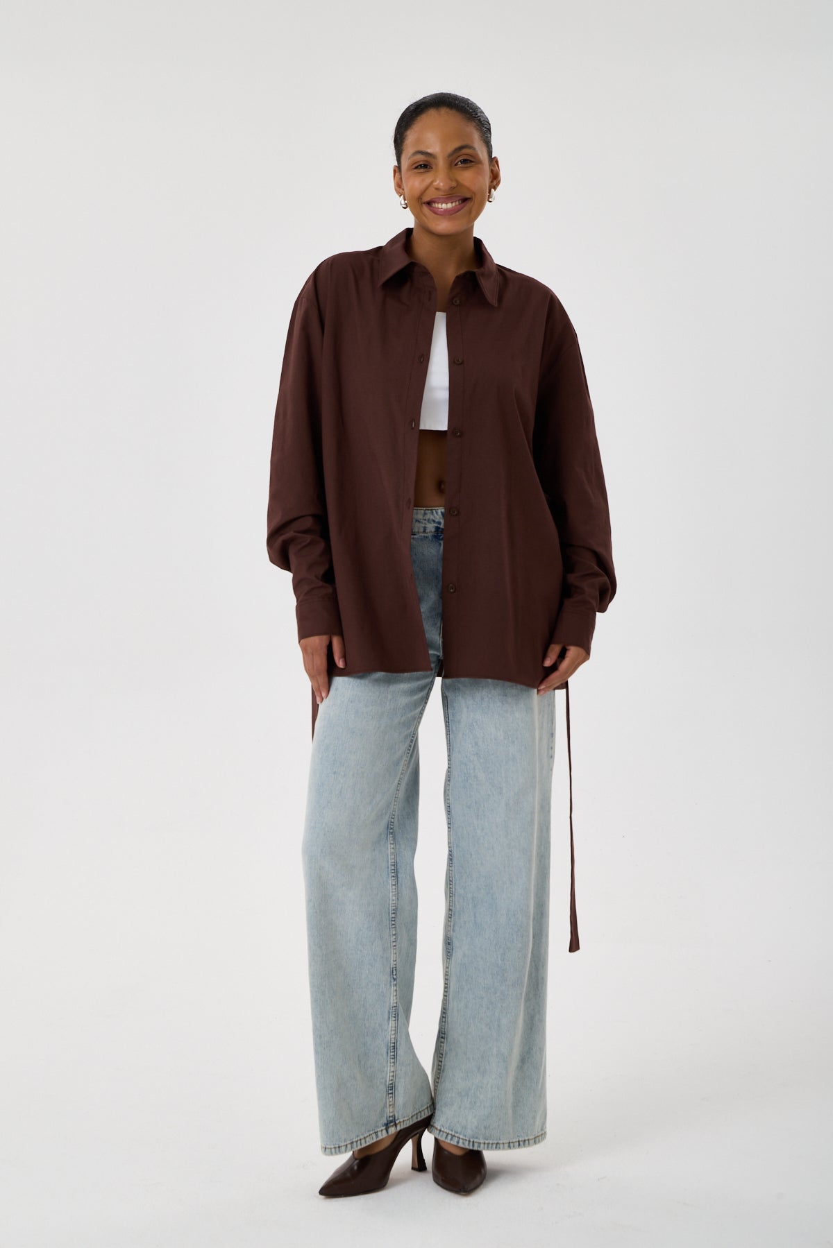 Kemerli Oversize Kimono Gömlek – Kahve