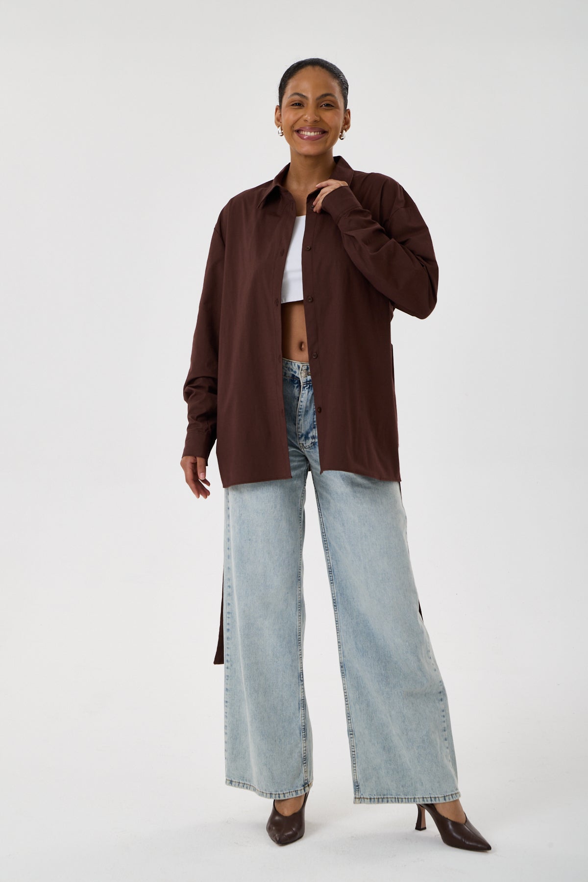 Kemerli Oversize Kimono Gömlek – Kahve