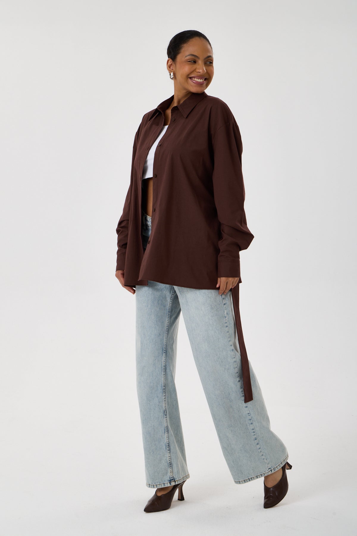 Kemerli Oversize Kimono Gömlek – Kahve