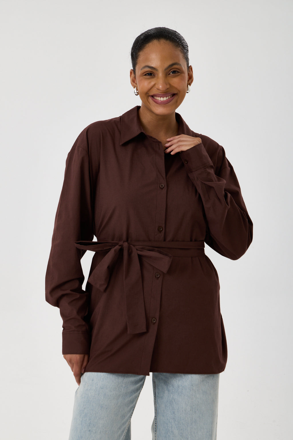 Kemerli Oversize Kimono Gömlek – Kahve