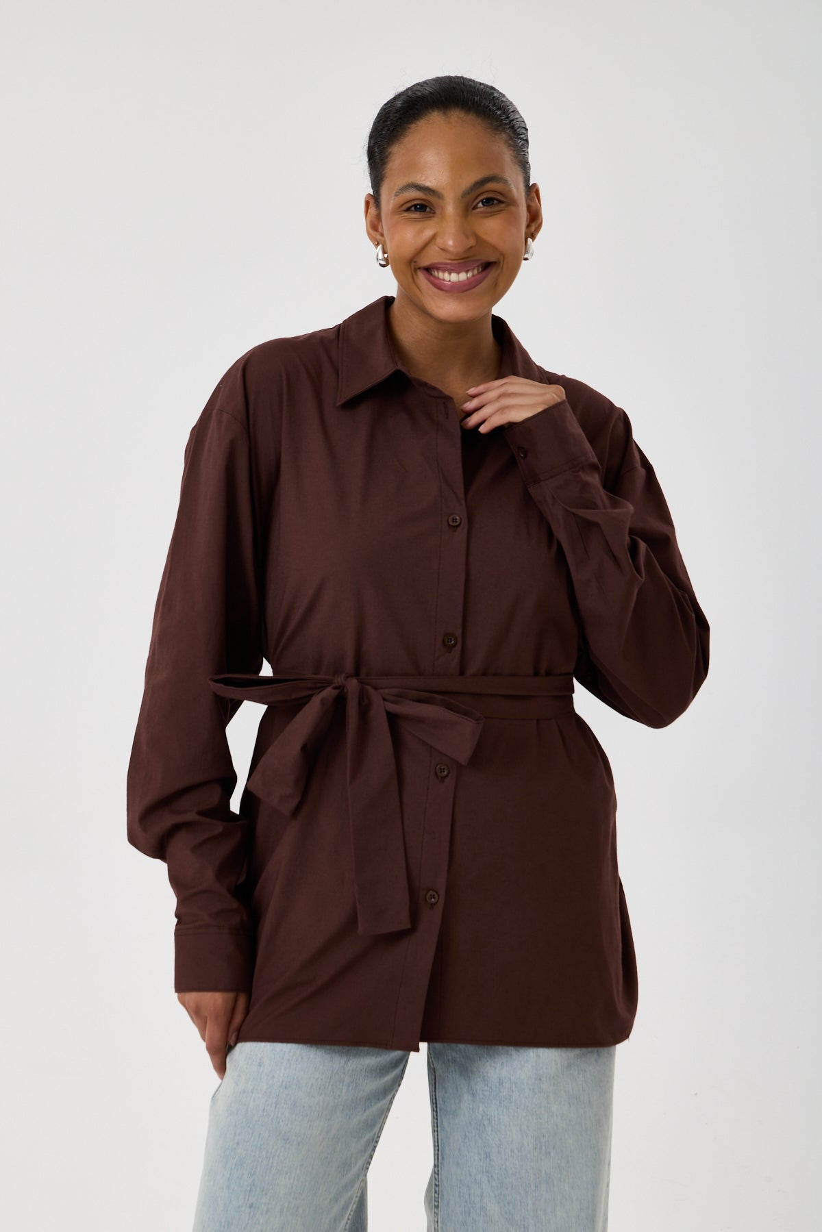 Kemerli Oversize Kimono Gömlek – Kahve