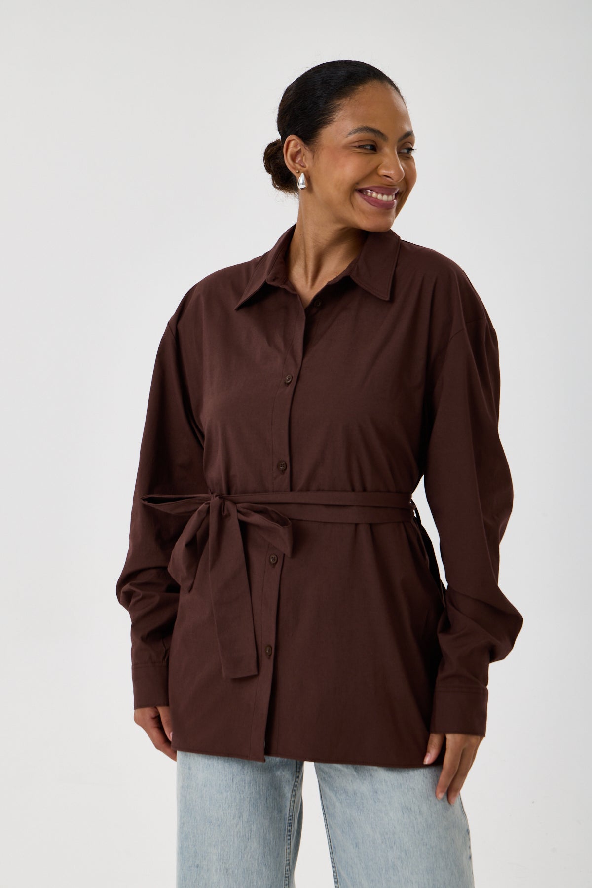 Kemerli Oversize Kimono Gömlek – Kahve