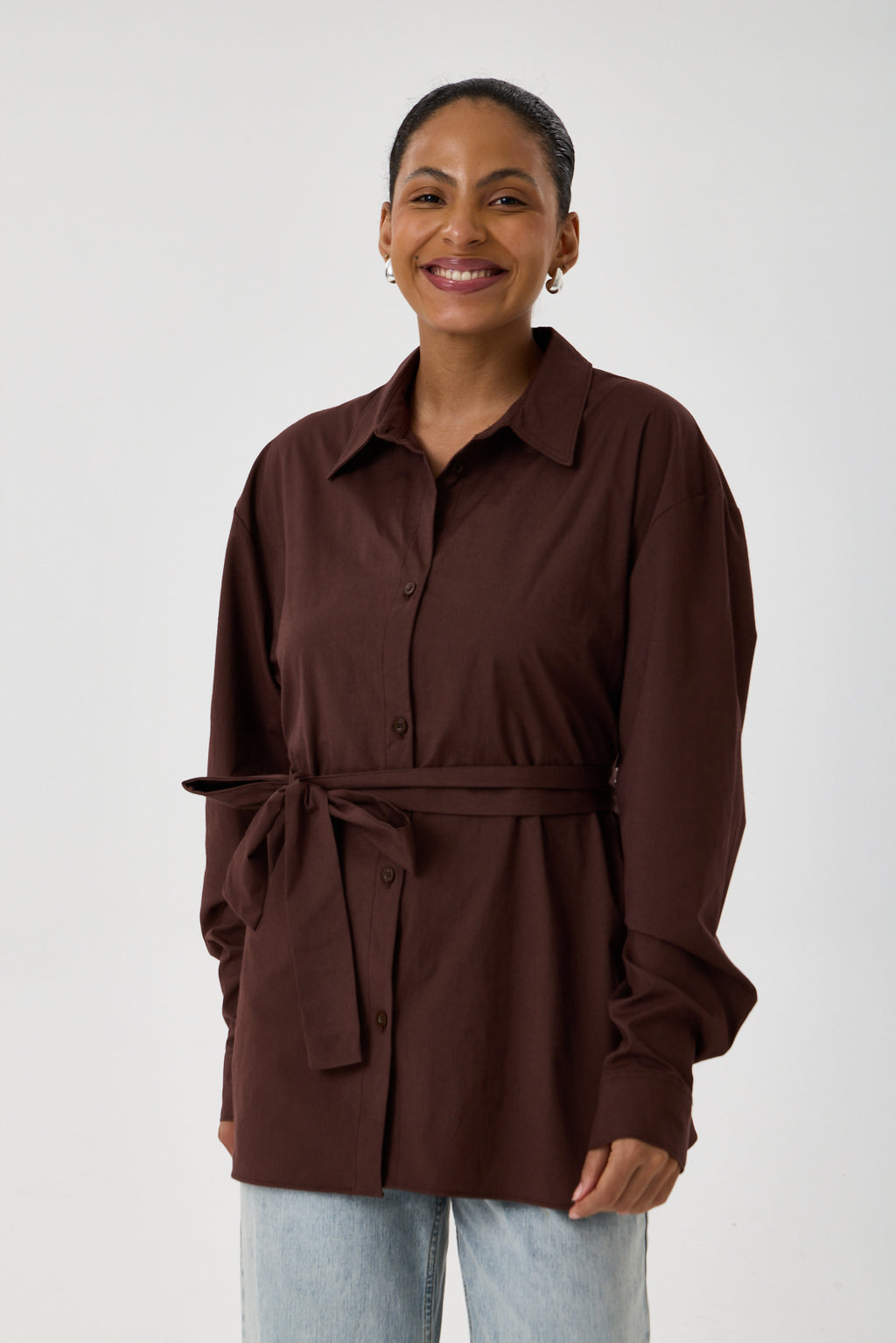 Kemerli Oversize Kimono Gömlek – Kahve