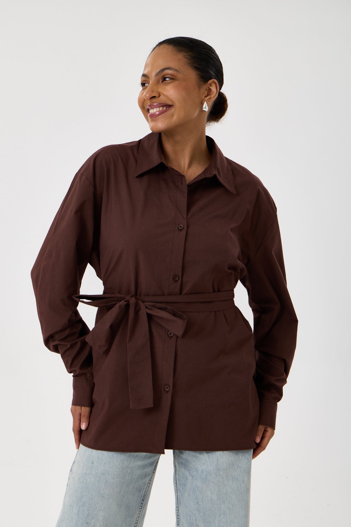 Kemerli Oversize Kimono Gömlek – Kahve