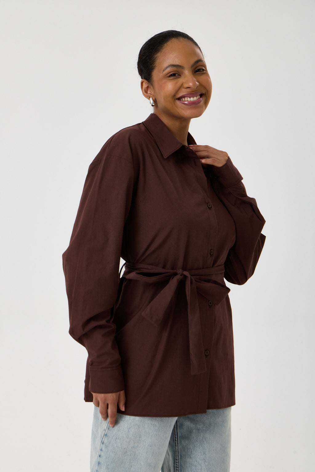 Kemerli Oversize Kimono Gömlek – Kahve