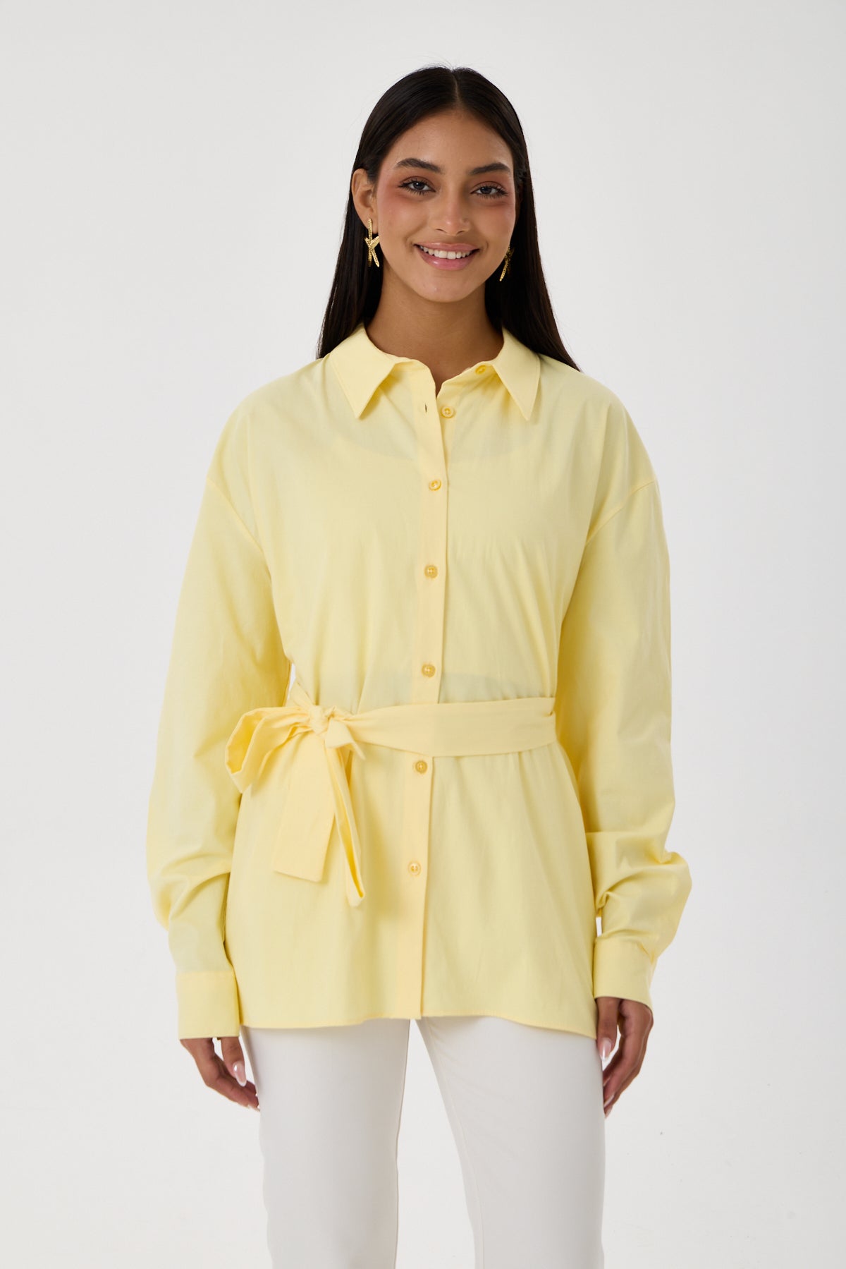 Kemerli Oversize Kimono Gömlek – Sarı