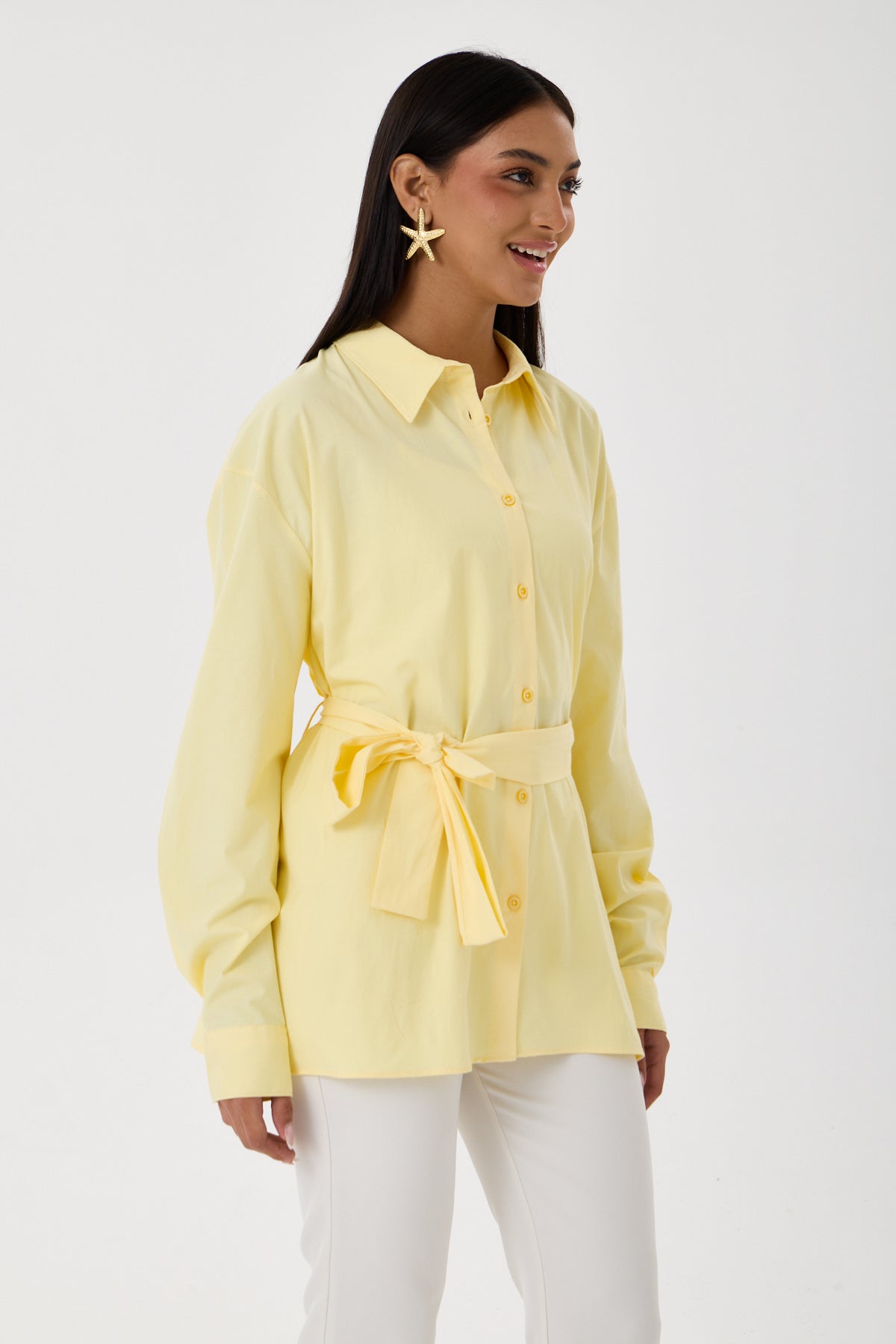 Kemerli Oversize Kimono Gömlek – Sarı