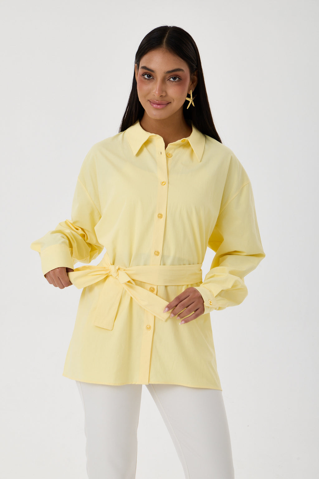 Kemerli Oversize Kimono Gömlek – Sarı