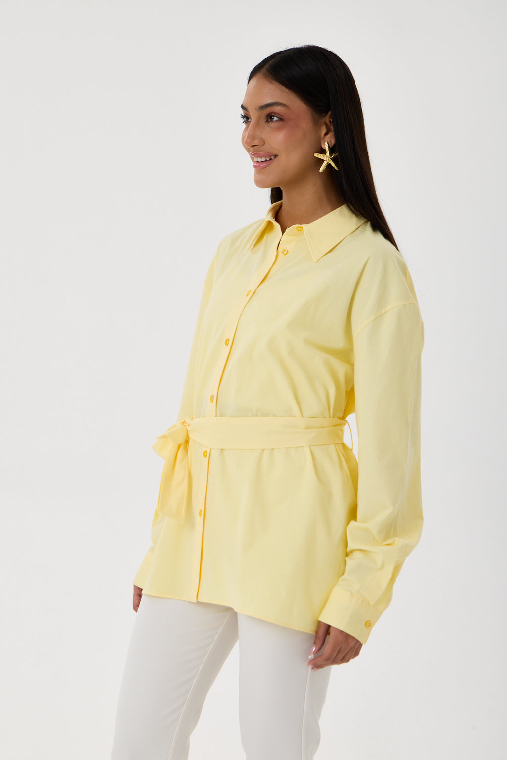 Kemerli Oversize Kimono Gömlek – Sarı