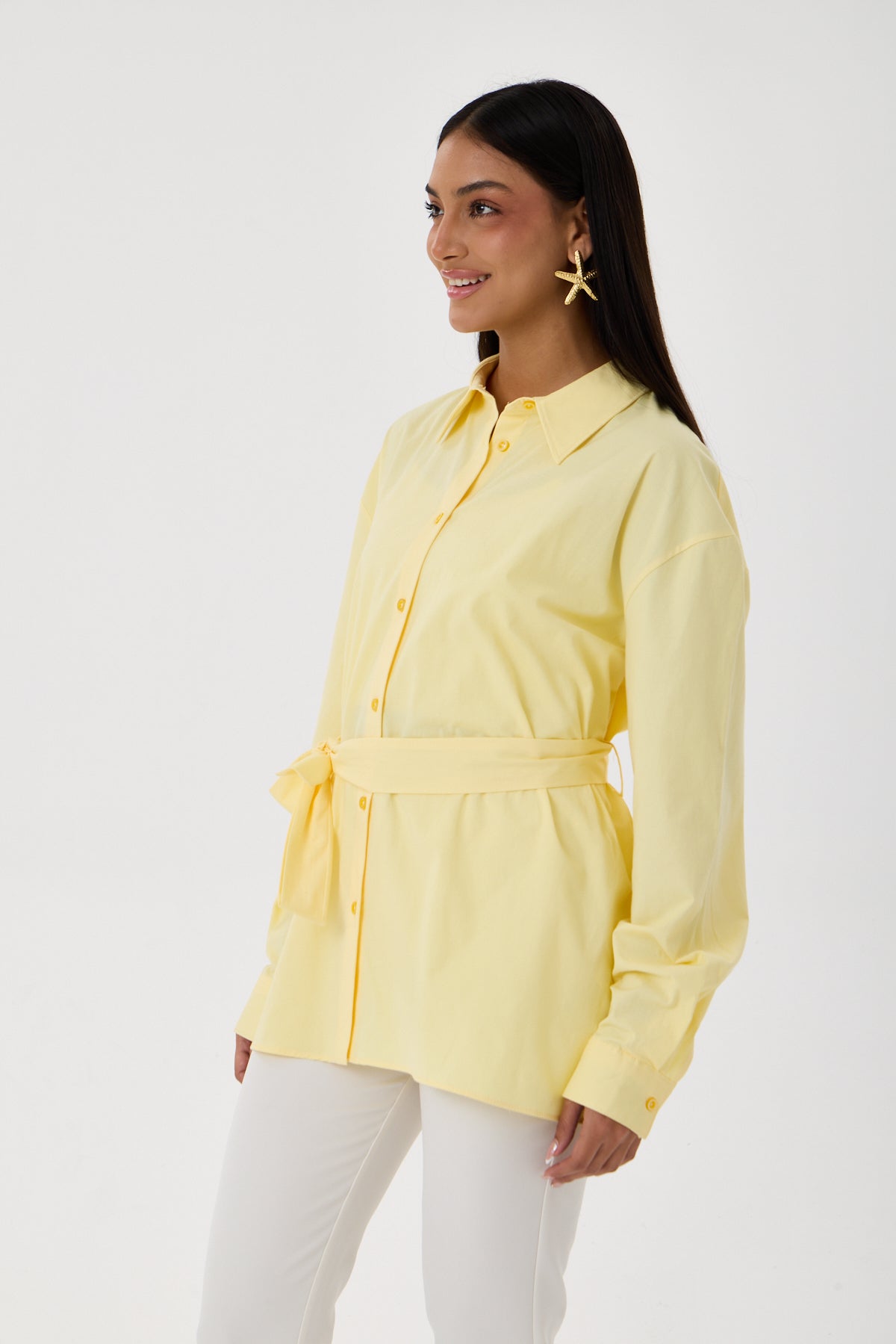 Kemerli Oversize Kimono Gömlek – Sarı