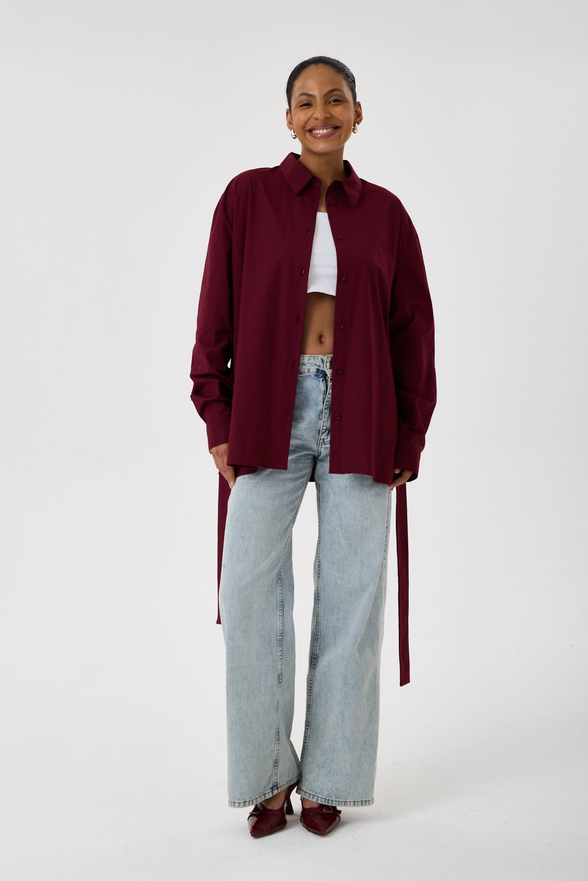 Kemerli Oversize Kimono Gömlek – Bordo
