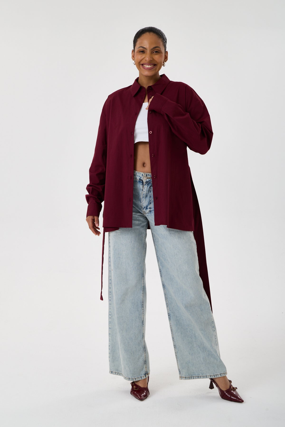 Kemerli Oversize Kimono Gömlek – Bordo