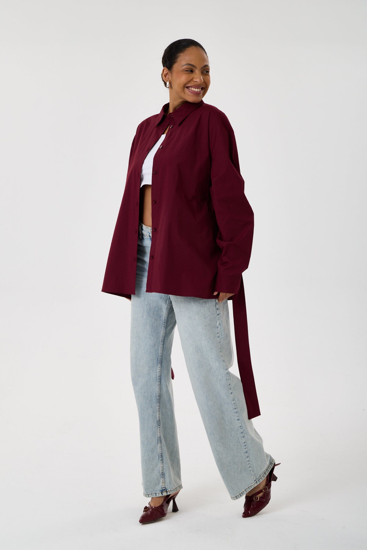 Kemerli Oversize Kimono Gömlek – Bordo