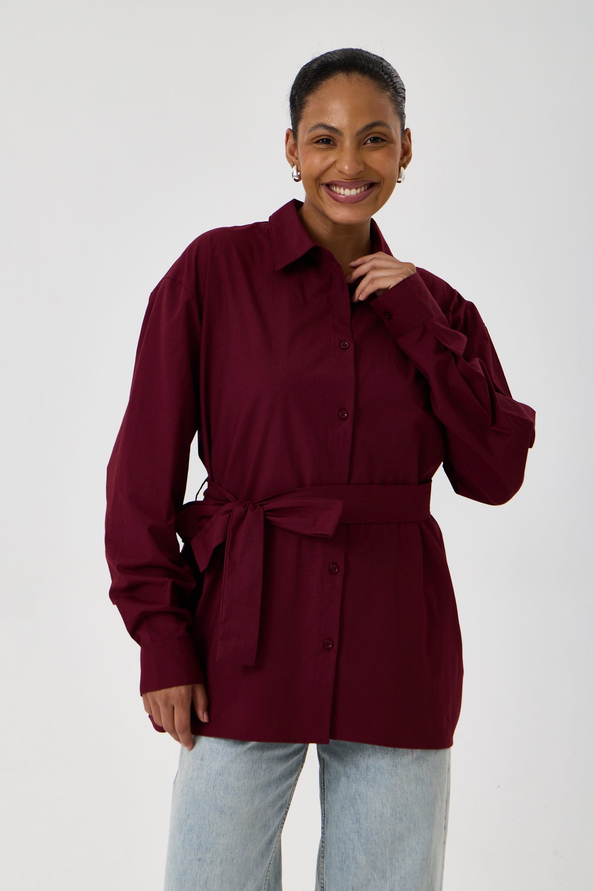 Kemerli Oversize Kimono Gömlek – Bordo
