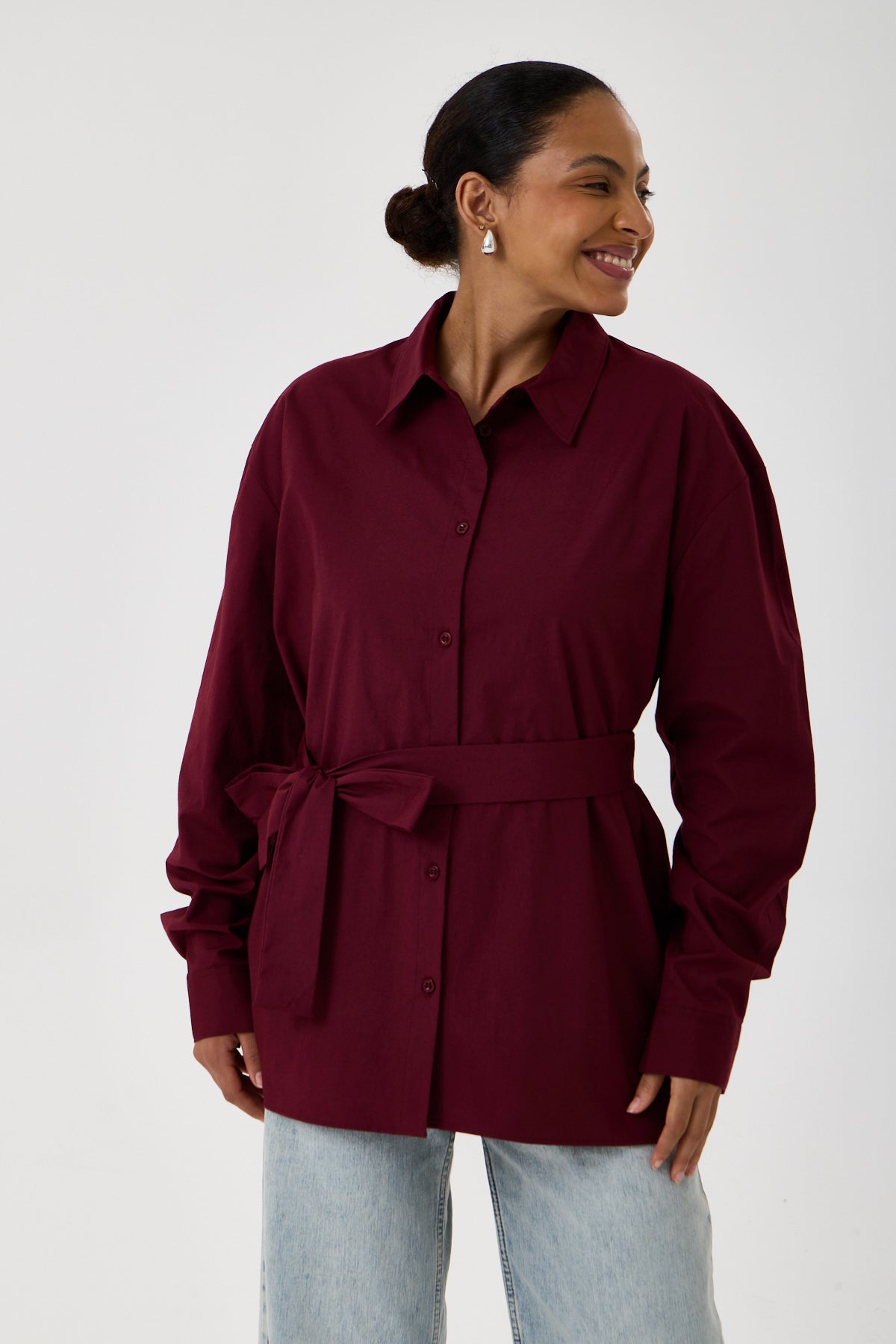 Kemerli Oversize Kimono Gömlek – Bordo