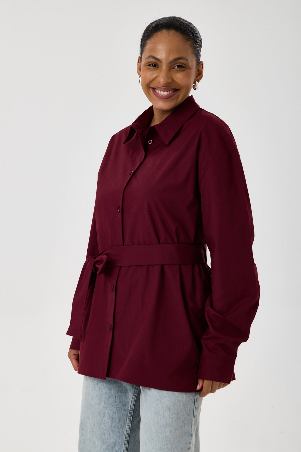 Kemerli Oversize Kimono Gömlek – Bordo