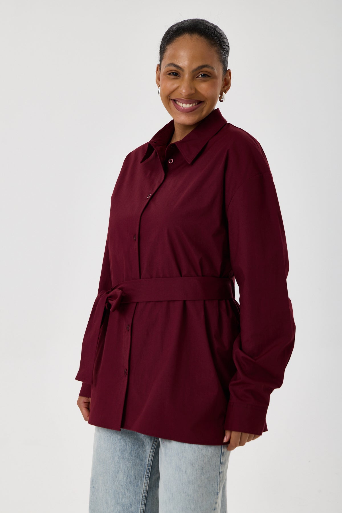 Kemerli Oversize Kimono Gömlek – Bordo