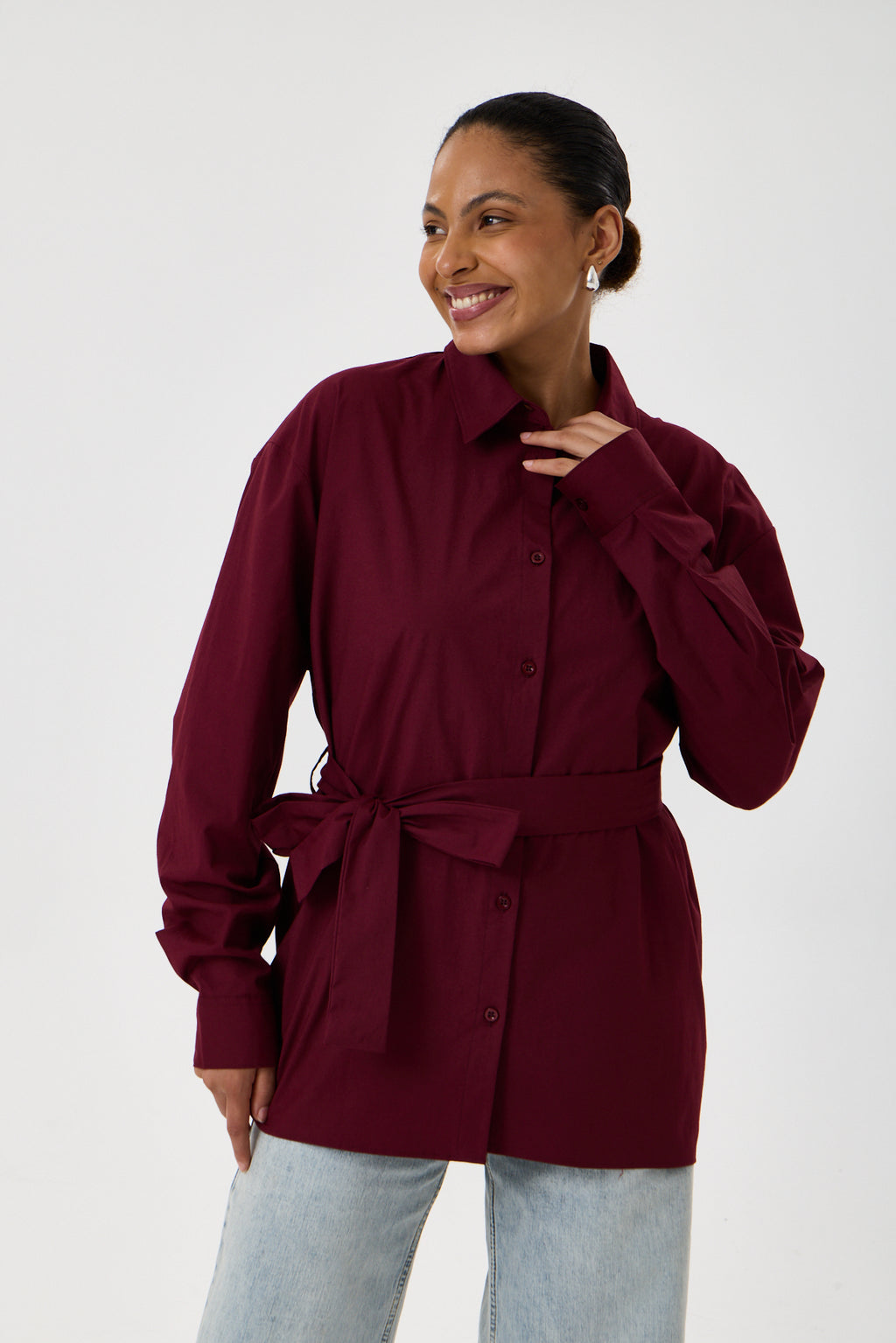Kemerli Oversize Kimono Gömlek – Bordo