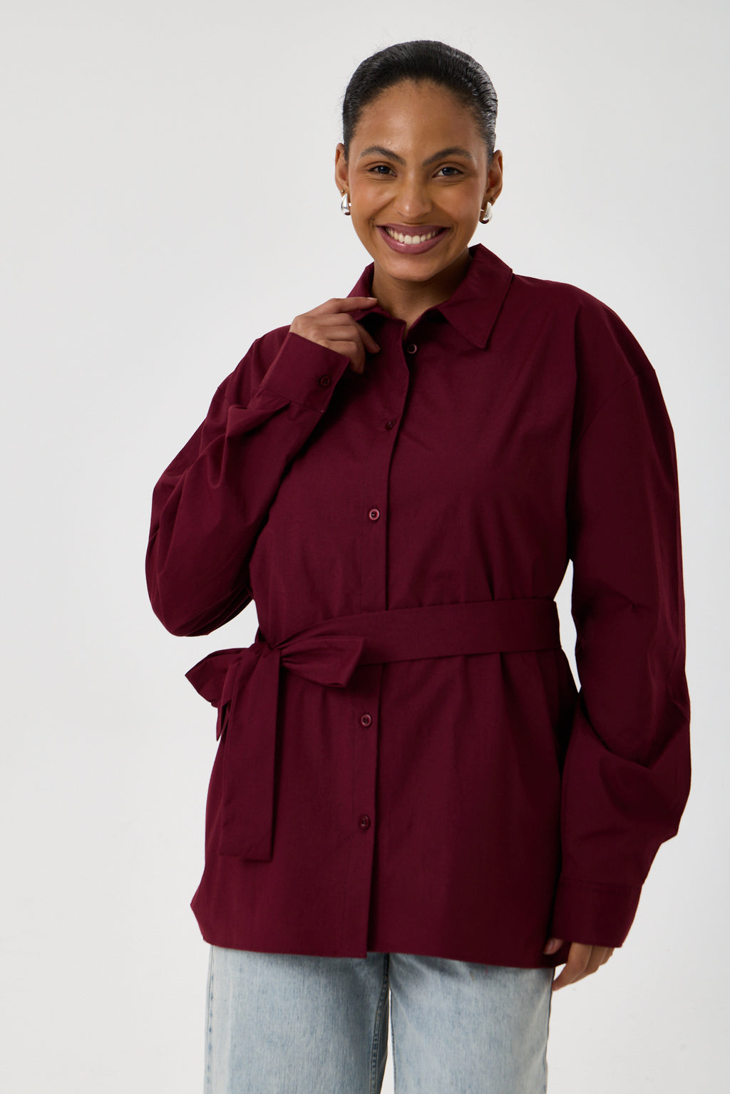 Kemerli Oversize Kimono Gömlek – Bordo