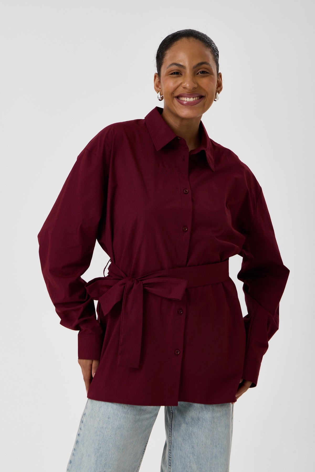 Kemerli Oversize Kimono Gömlek – Bordo