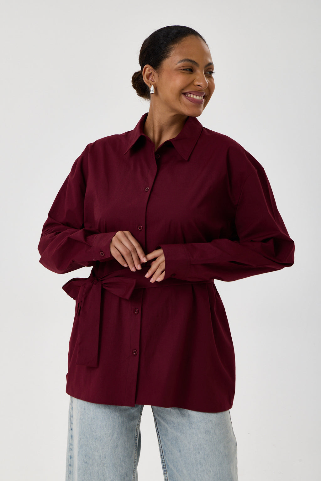 Kemerli Oversize Kimono Gömlek – Bordo