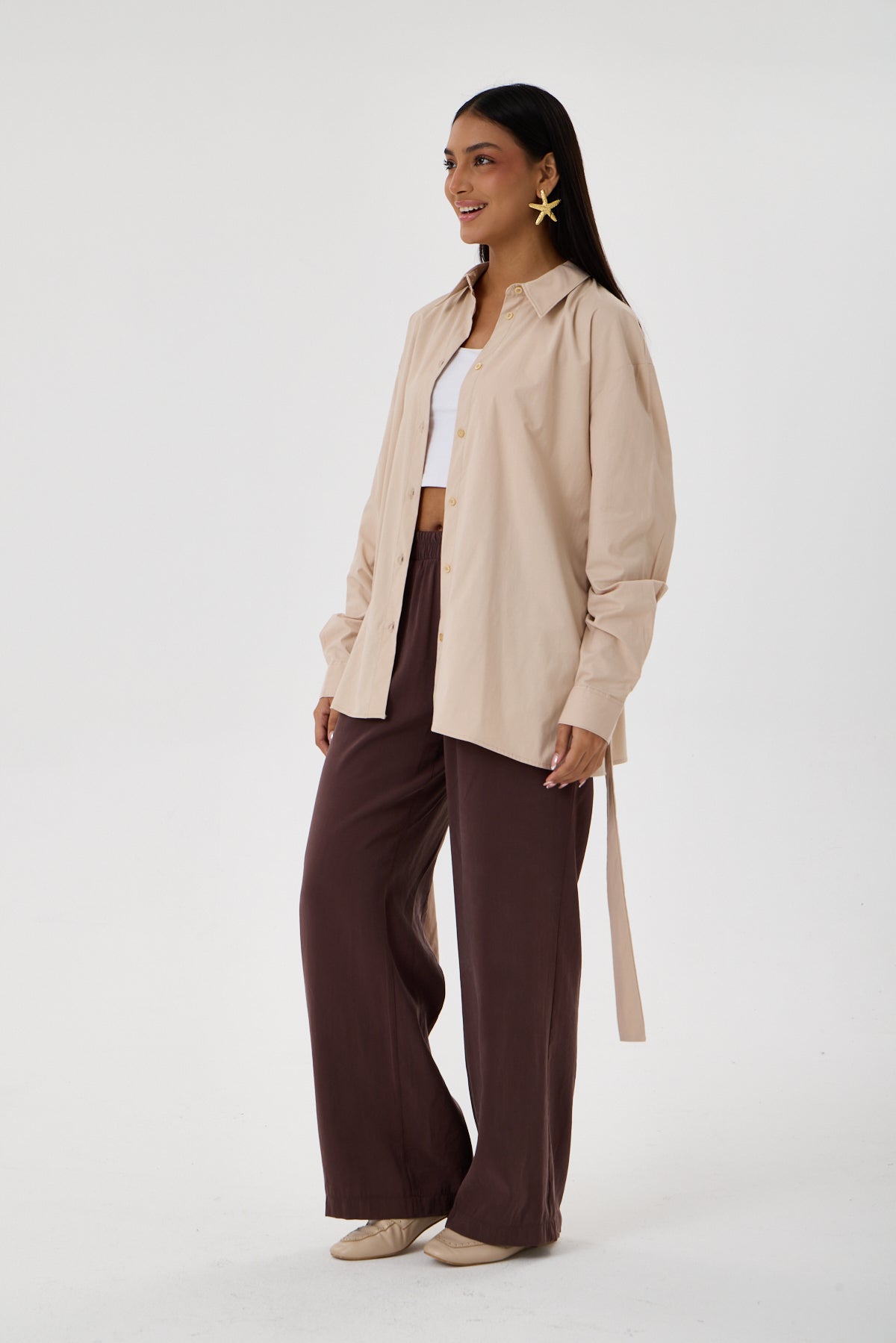 Kemerli Oversize Kimono Gömlek – Açık Bej