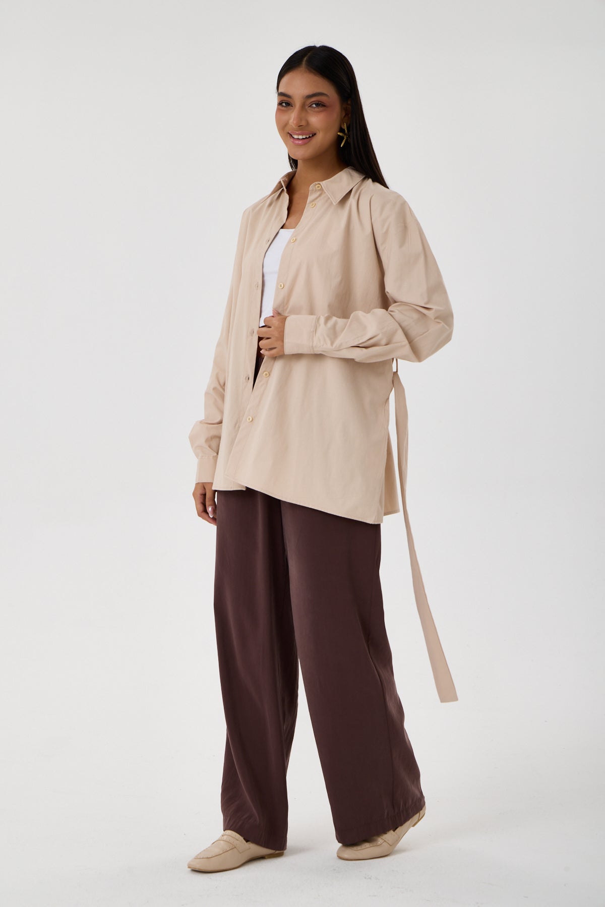 Kemerli Oversize Kimono Gömlek – Açık Bej