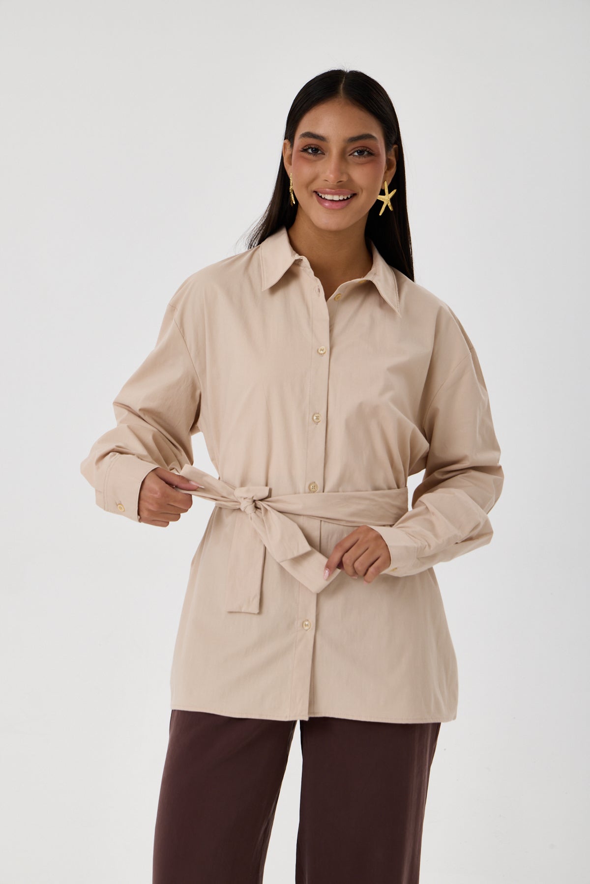 Kemerli Oversize Kimono Gömlek – Açık Bej