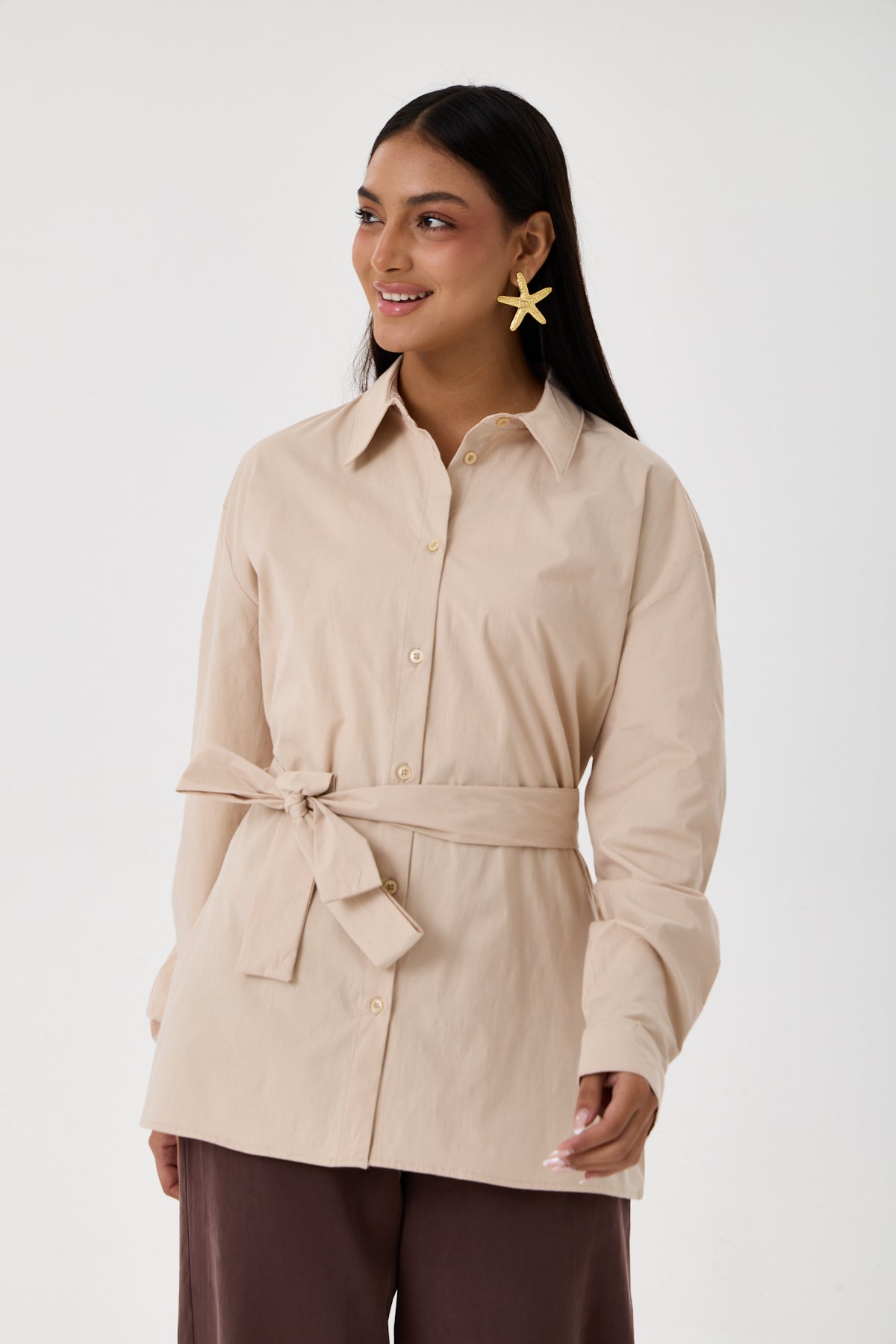 Kemerli Oversize Kimono Gömlek – Açık Bej