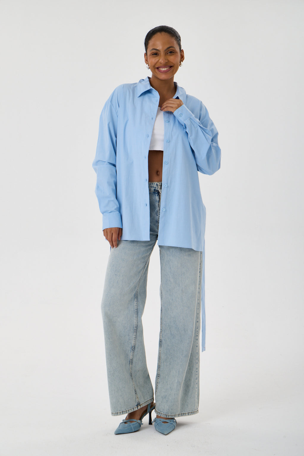 Kemerli Oversize Kimono Gömlek – Buz Mavisi