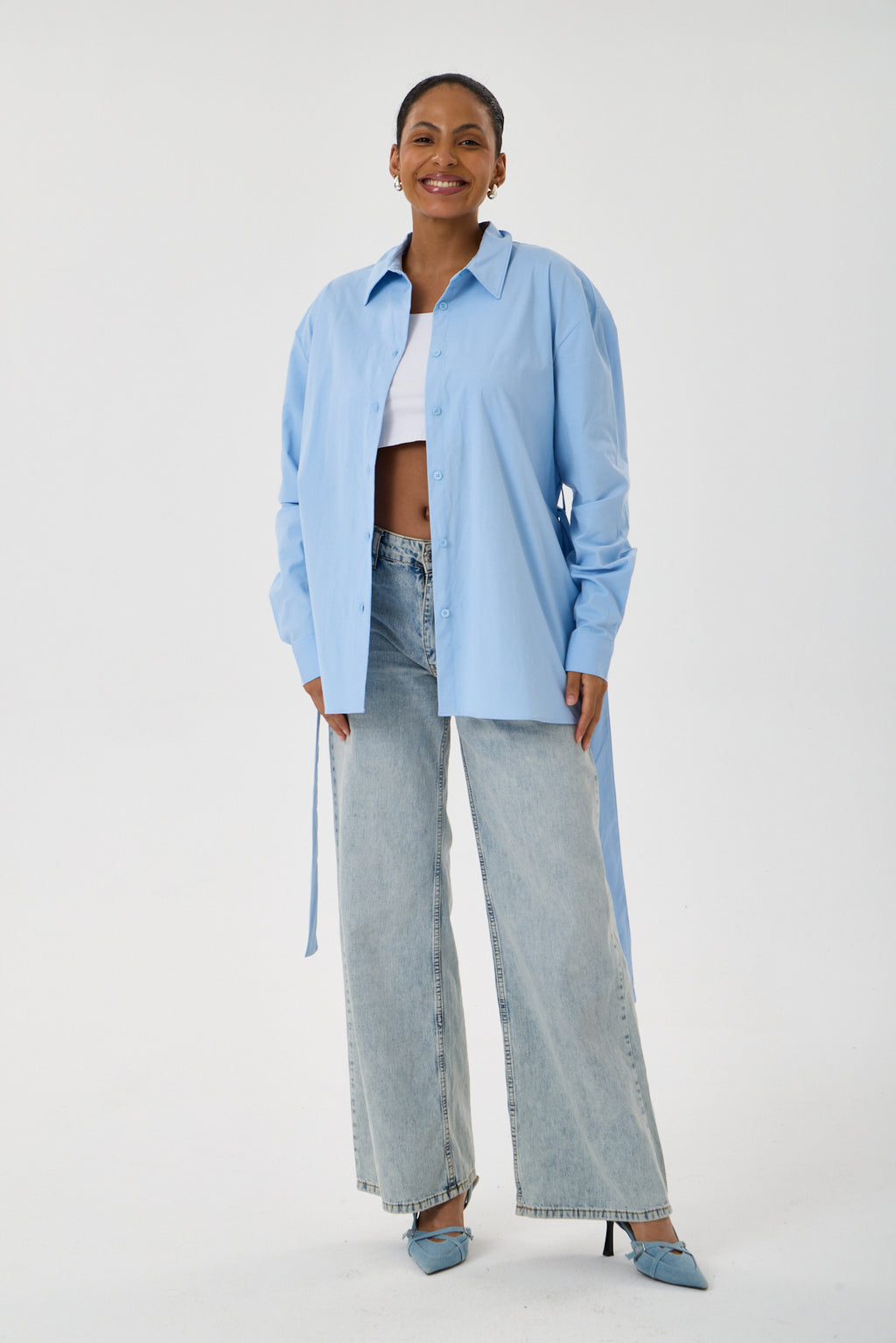 Kemerli Oversize Kimono Gömlek – Buz Mavisi