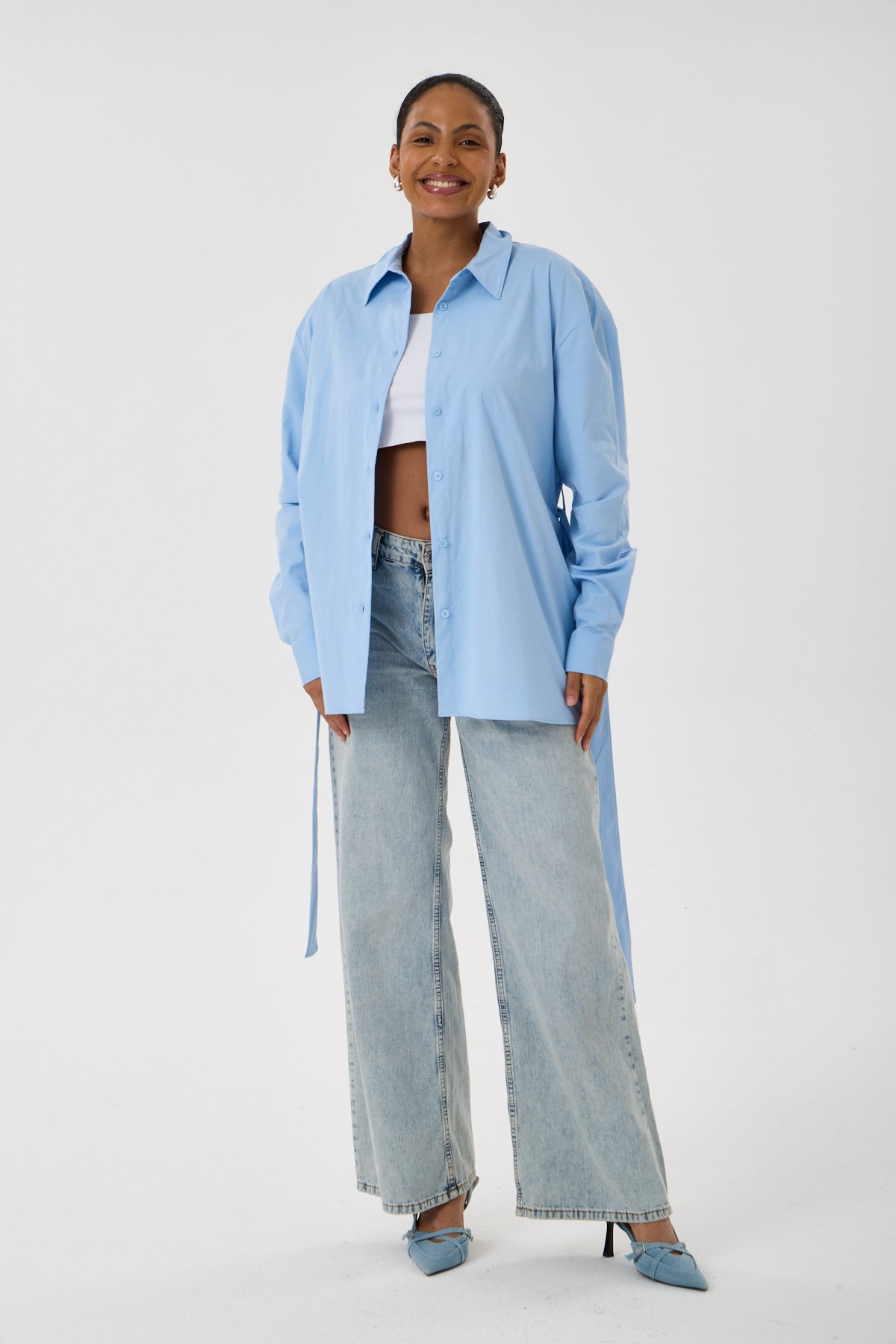 Kemerli Oversize Kimono Gömlek – Buz Mavisi