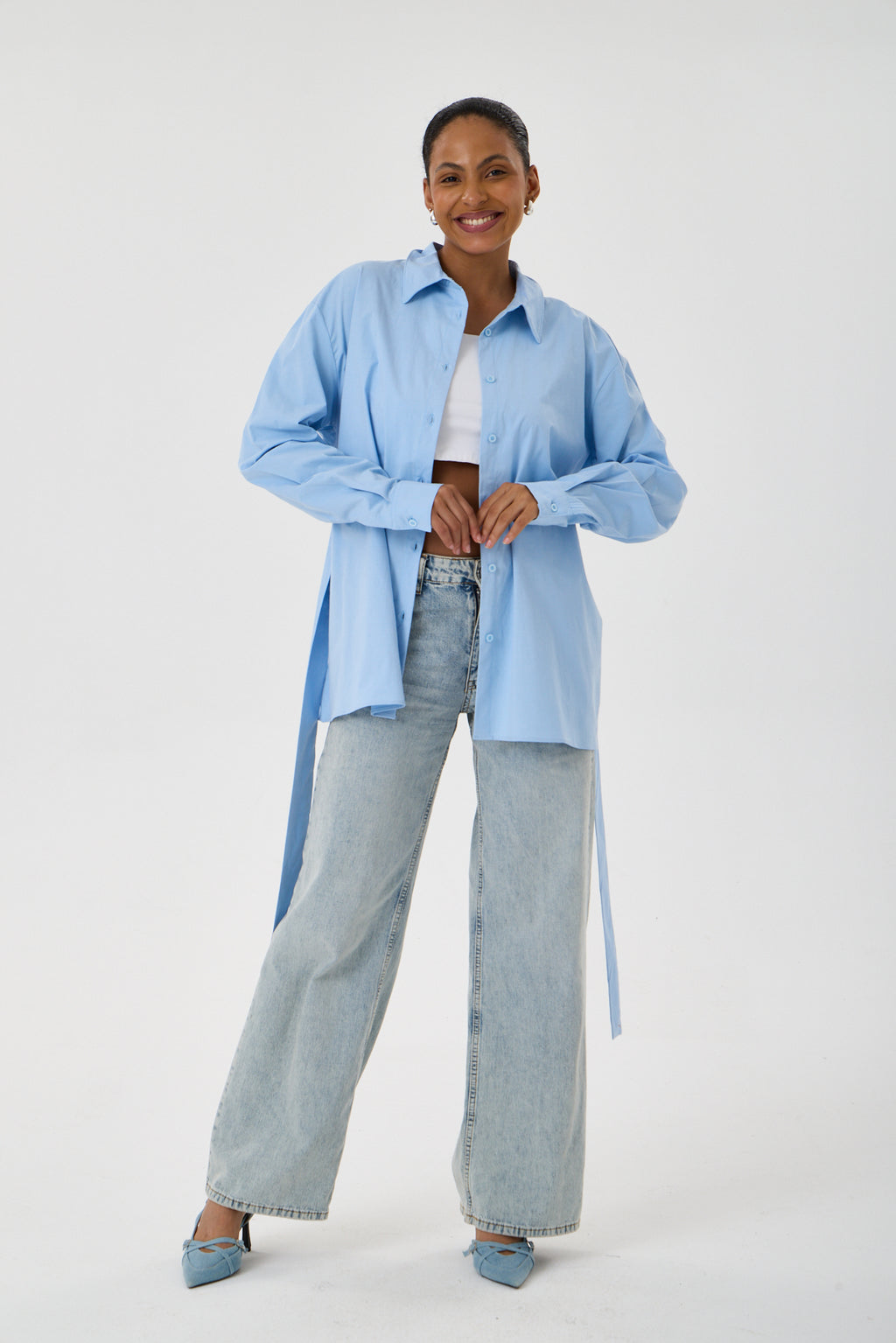 Kemerli Oversize Kimono Gömlek – Buz Mavisi