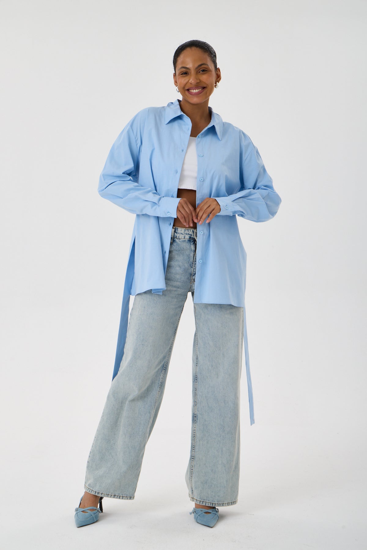 Kemerli Oversize Kimono Gömlek – Buz Mavisi