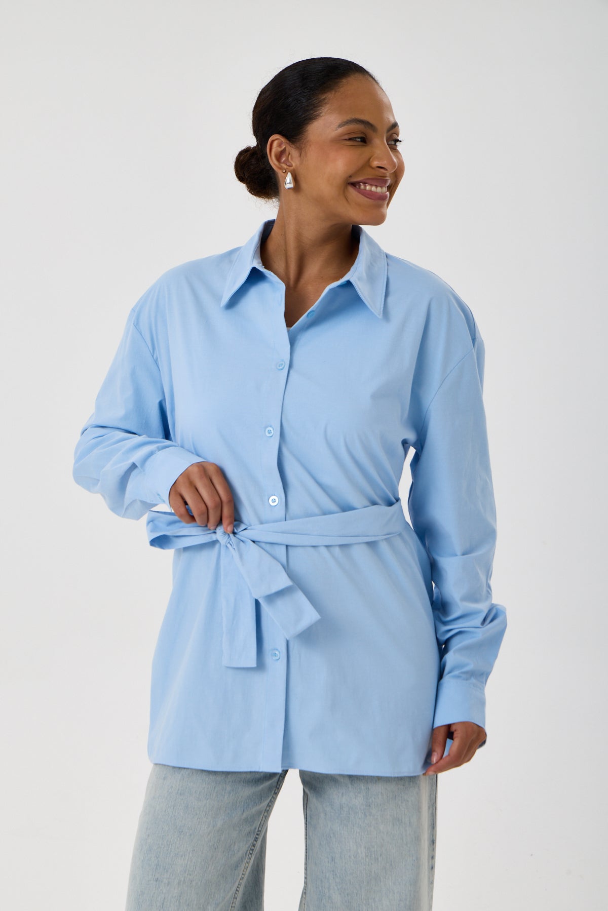 Kemerli Oversize Kimono Gömlek – Buz Mavisi