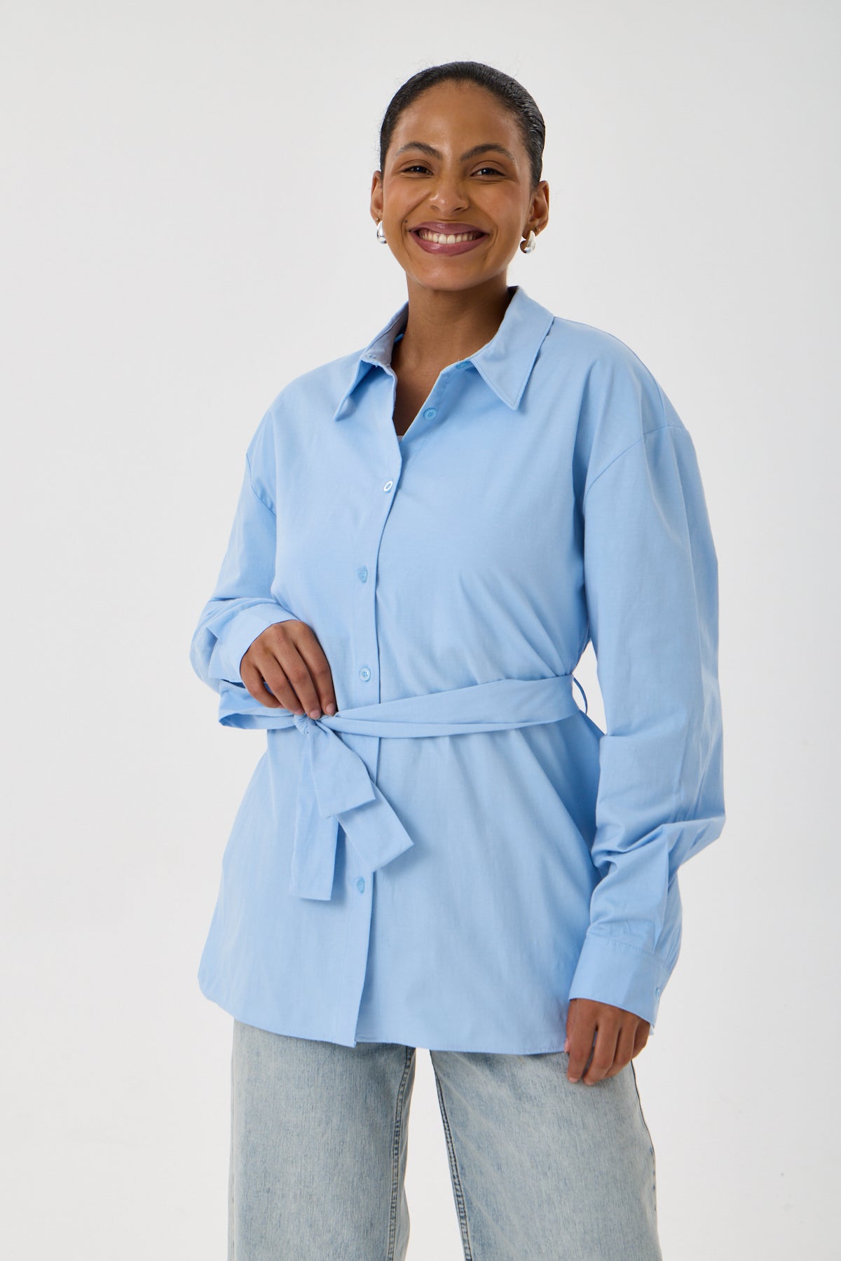 Kemerli Oversize Kimono Gömlek – Buz Mavisi