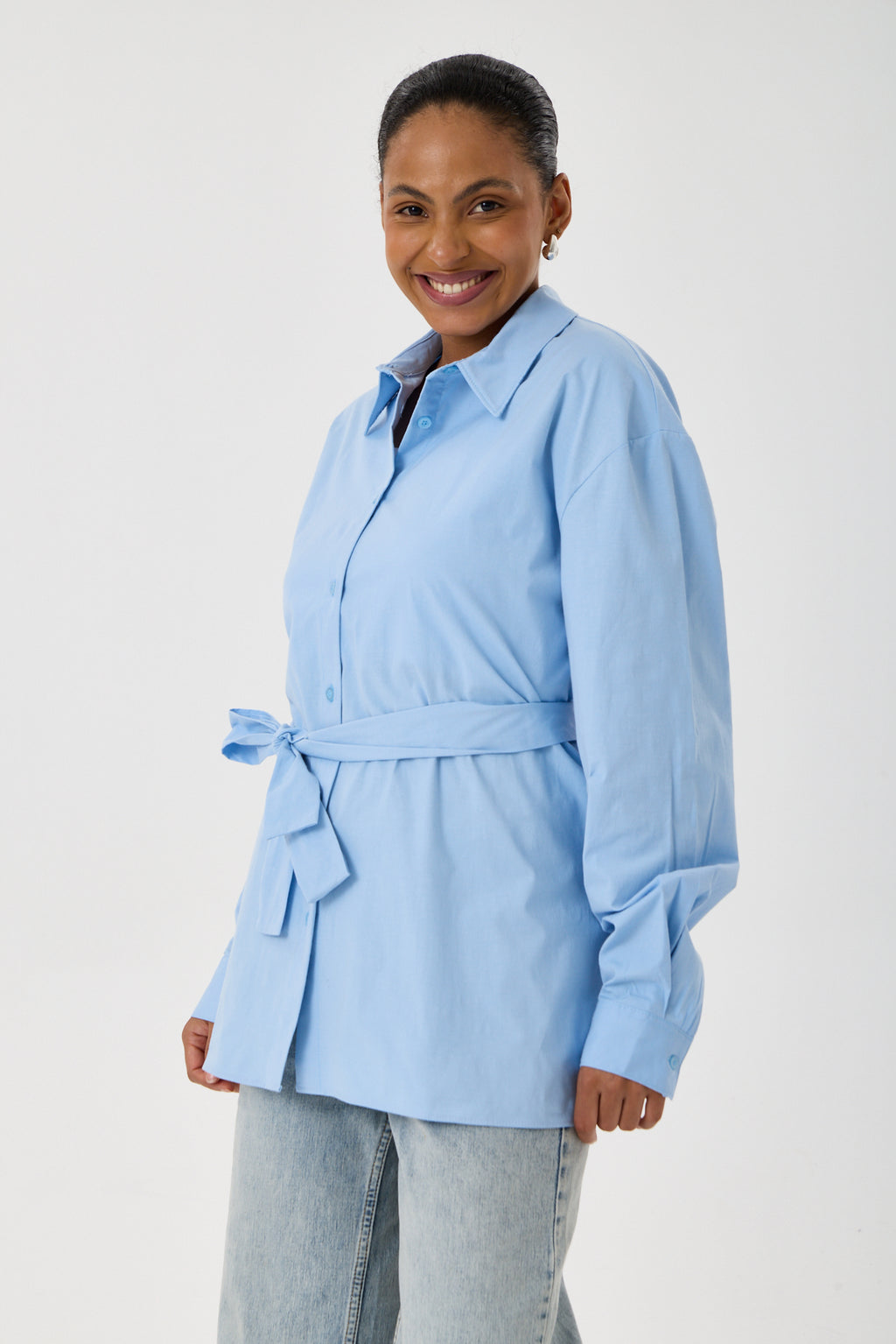 Kemerli Oversize Kimono Gömlek – Buz Mavisi