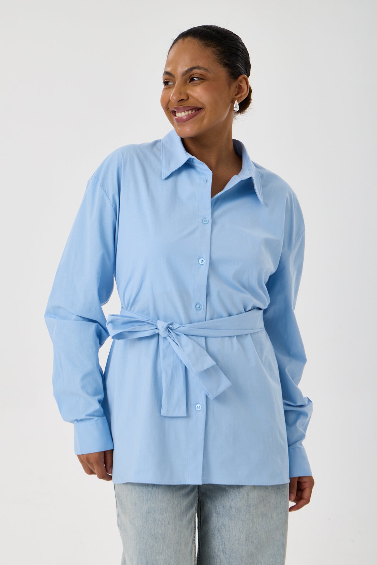 Kemerli Oversize Kimono Gömlek – Buz Mavisi