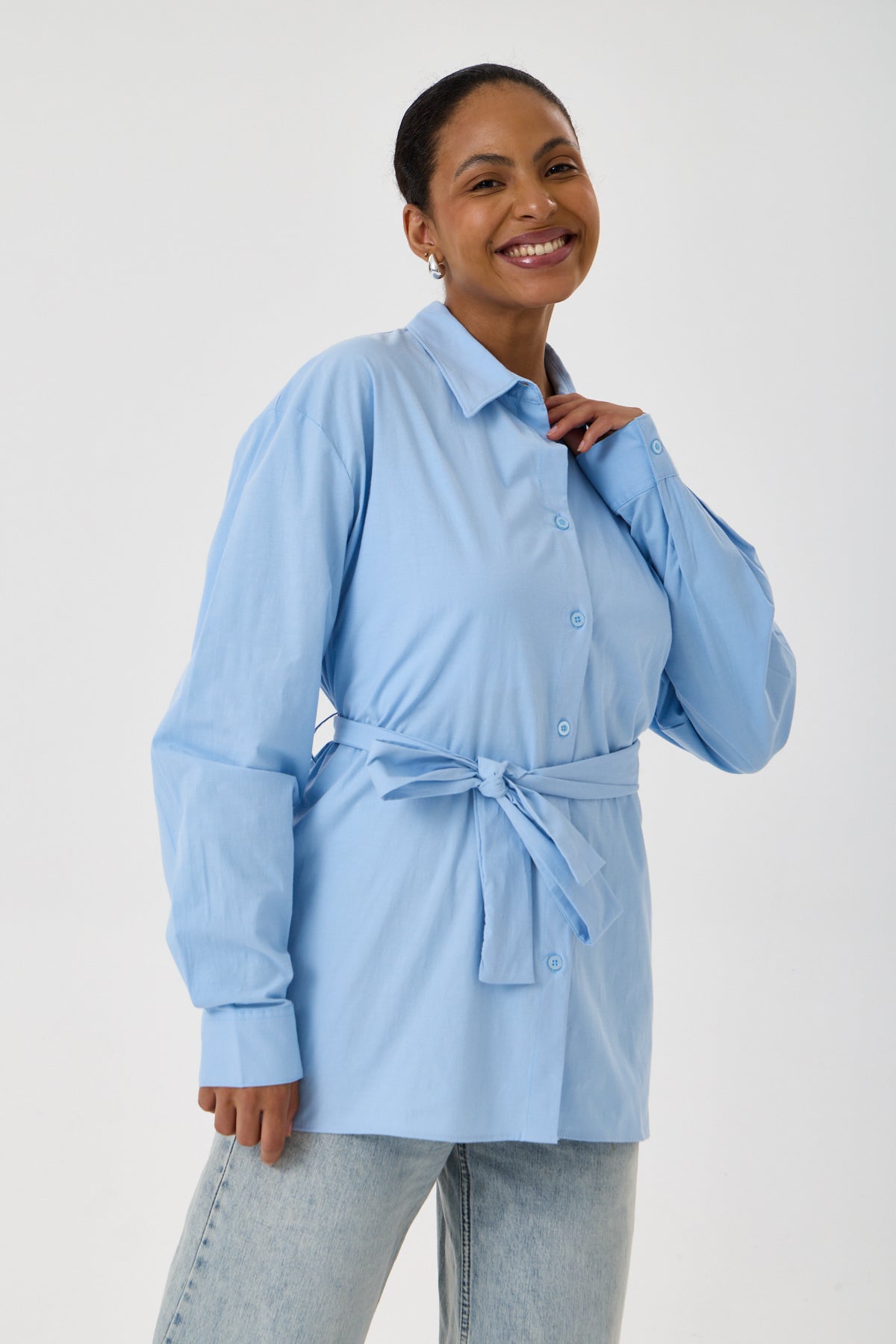 Kemerli Oversize Kimono Gömlek – Buz Mavisi