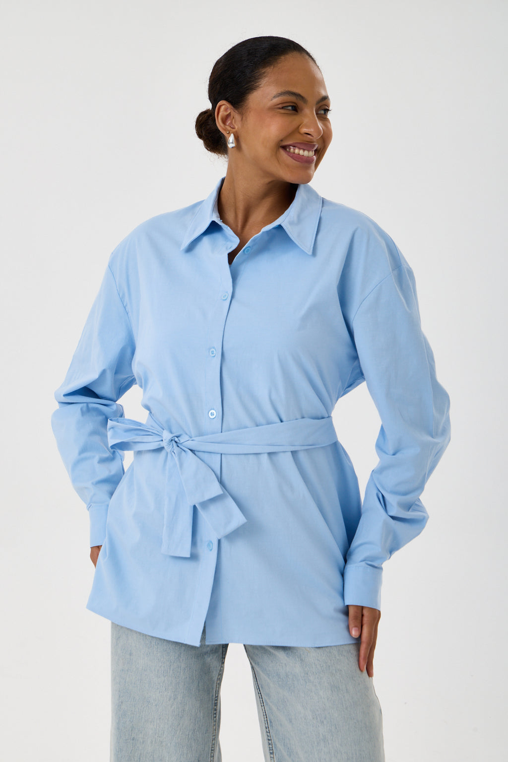 Kemerli Oversize Kimono Gömlek – Buz Mavisi