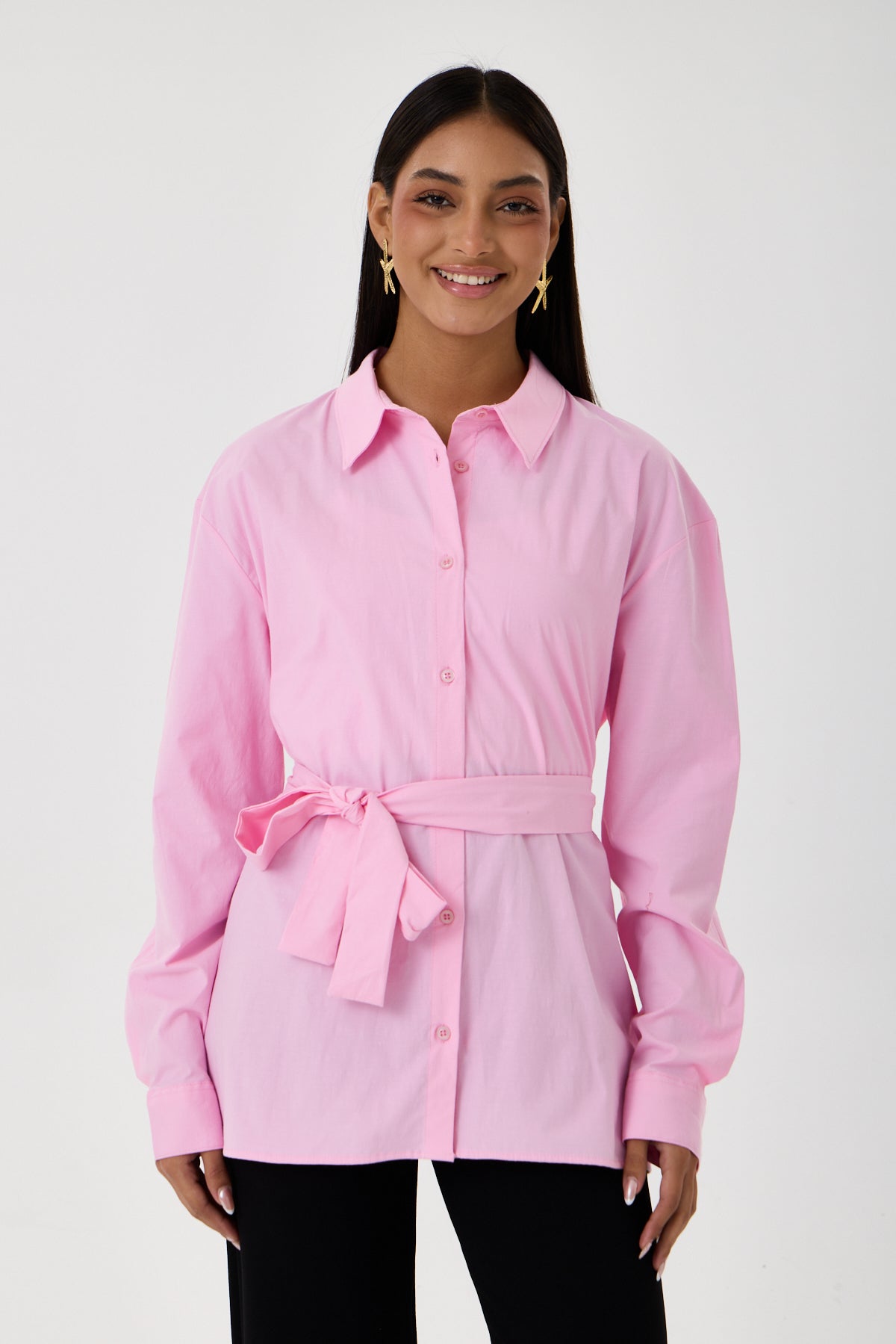 Kemerli Oversize Kimono Gömlek – Pembe
