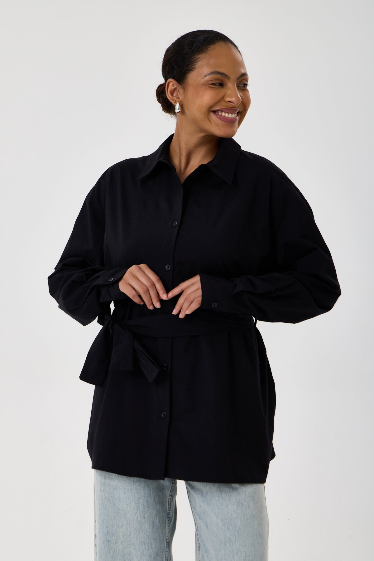 Kemerli Oversize Kimono Gömlek – Siyah