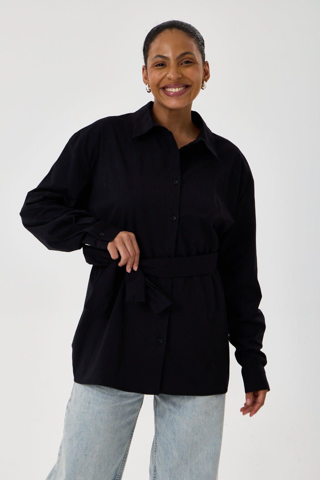 Kemerli Oversize Kimono Gömlek – Siyah
