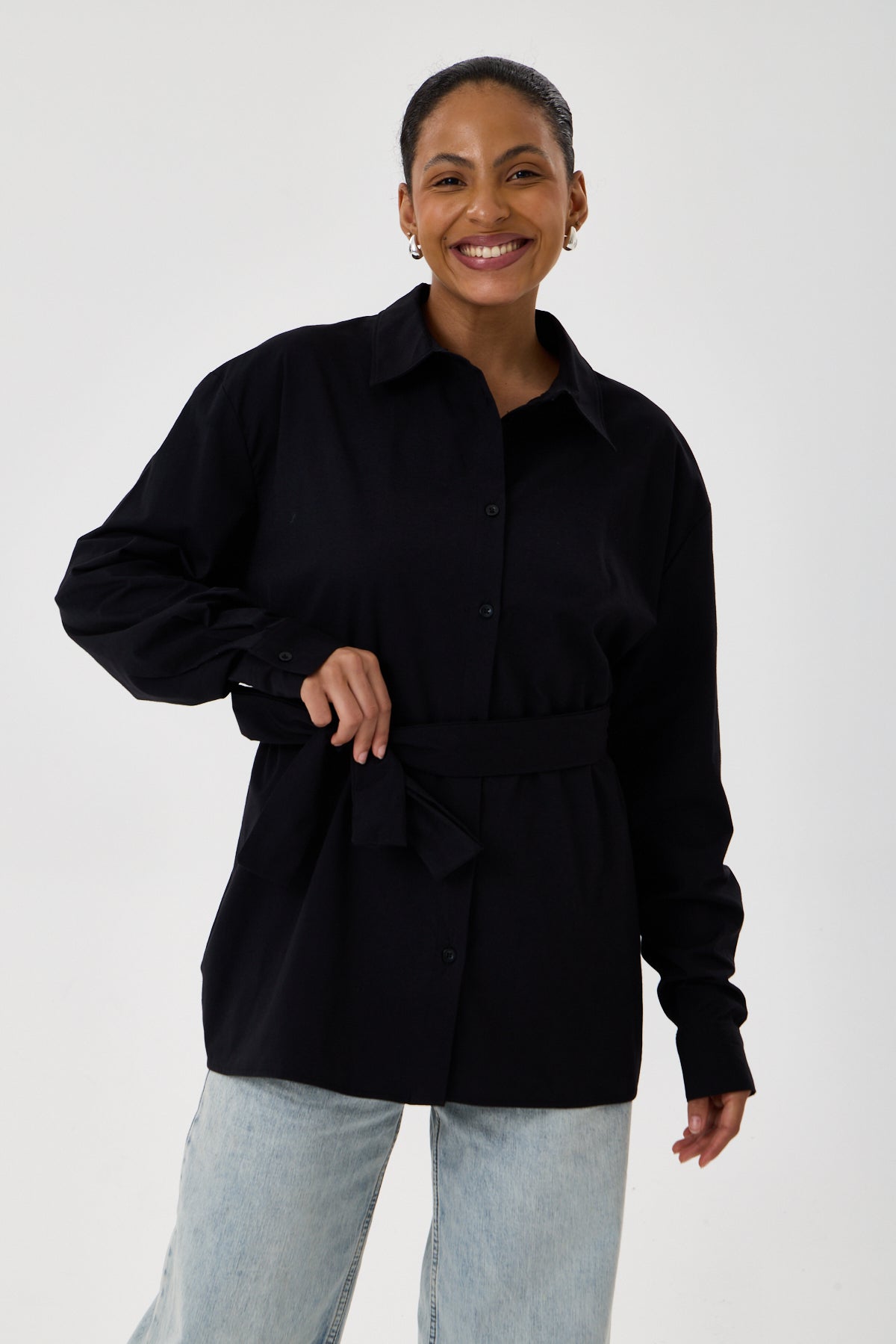 Kemerli Oversize Kimono Gömlek – Siyah